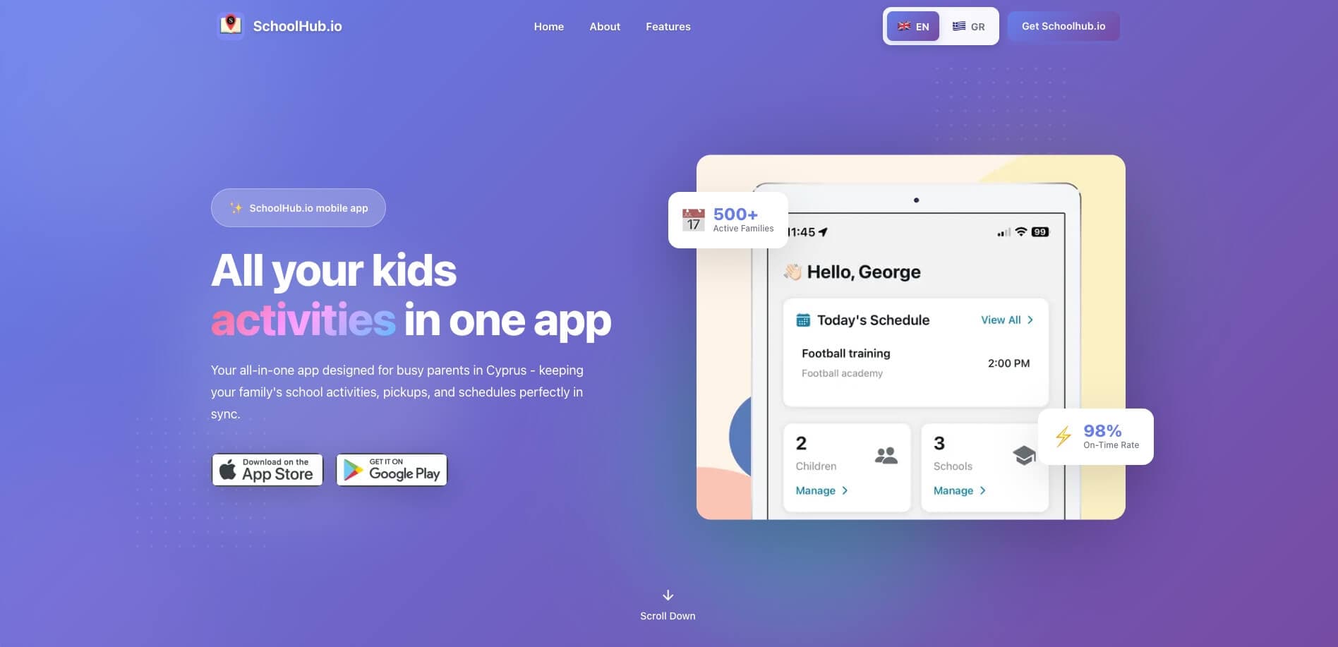 SchoolHub landing page with product preview and app download links